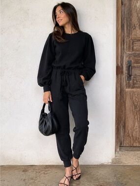 Ulla Johnson Black Damara Cotton Fleece Puff Sleeve Drawstring Jumpsuit Size XS